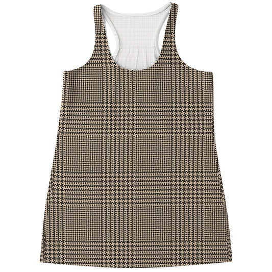 Brown And Beige Glen Plaid Print Women's Racerback Tank Top