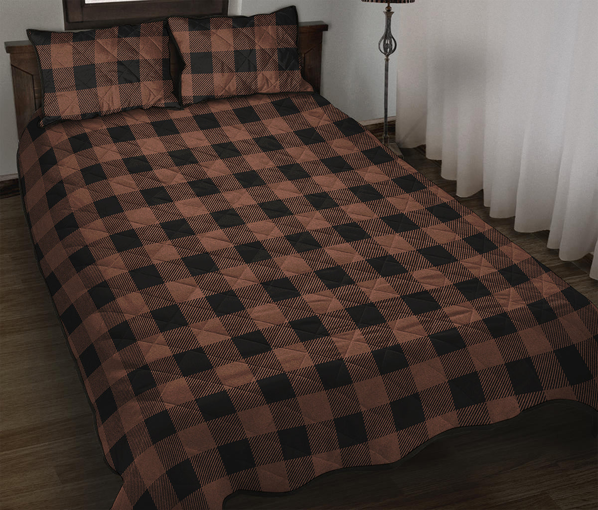 Brown And Black Buffalo Check Print Quilt Bed Set