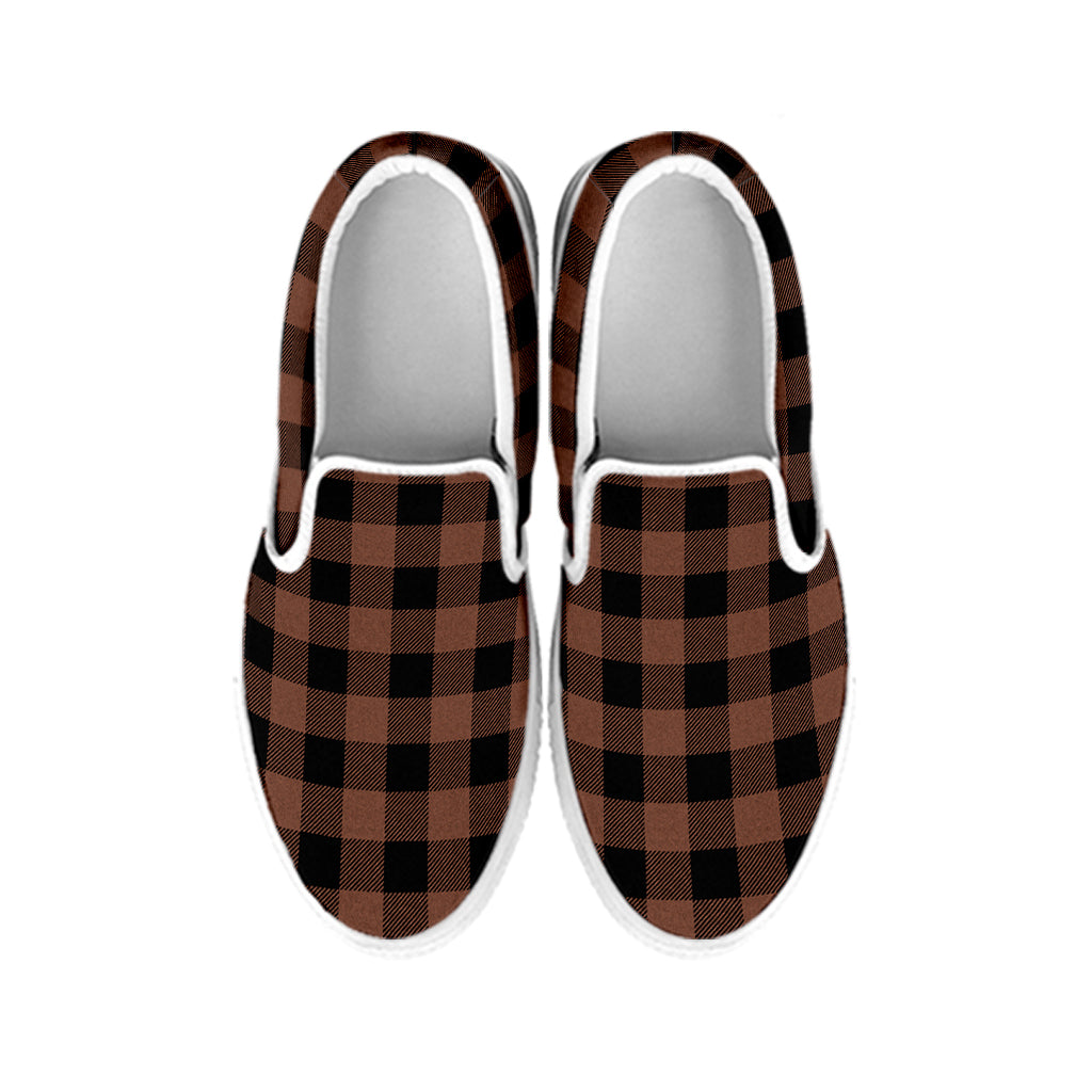 Brown And Black Buffalo Check Print White Slip On Shoes