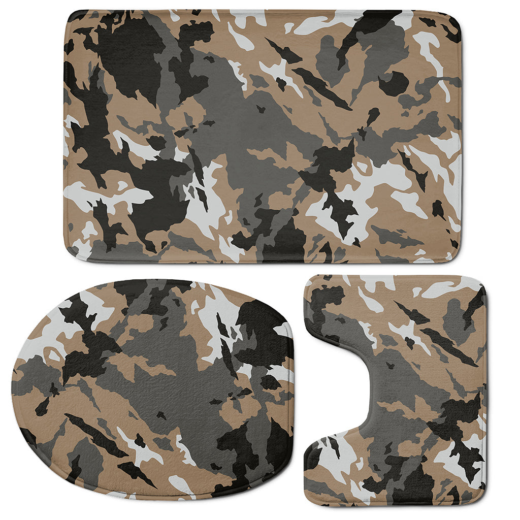 Brown And Black Camouflage Print 3 Piece Bath Mat Set