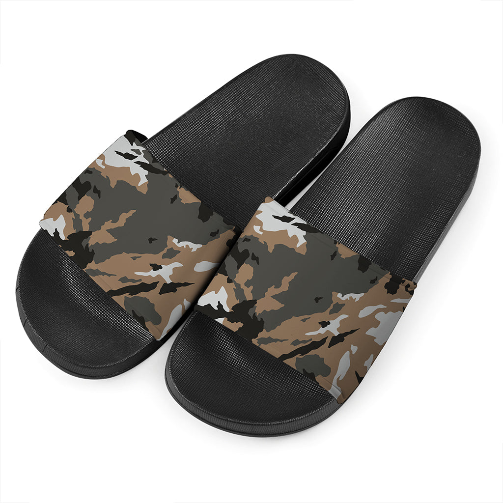 Brown And Black Camouflage Print Black Slide Sandals