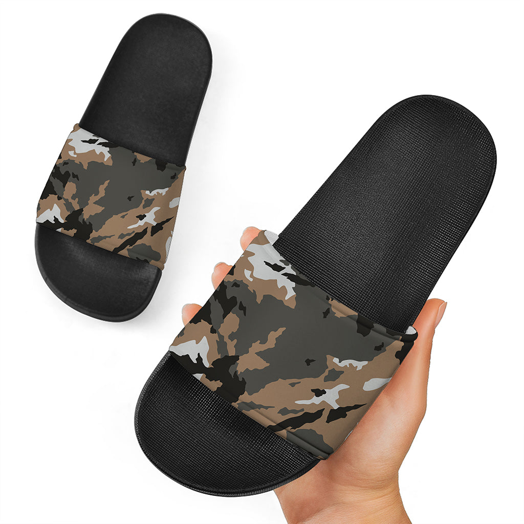 Brown And Black Camouflage Print Black Slide Sandals
