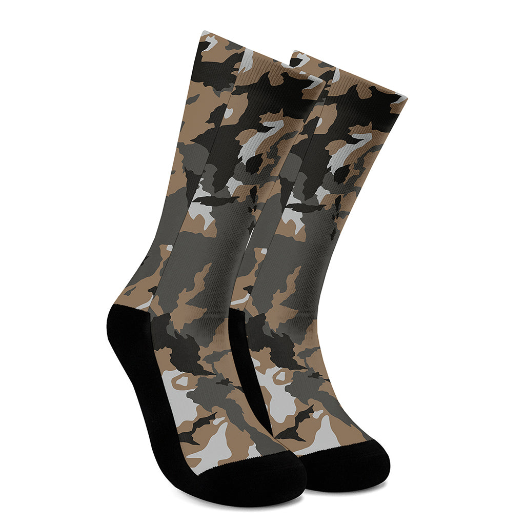 Brown And Black Camouflage Print Crew Socks