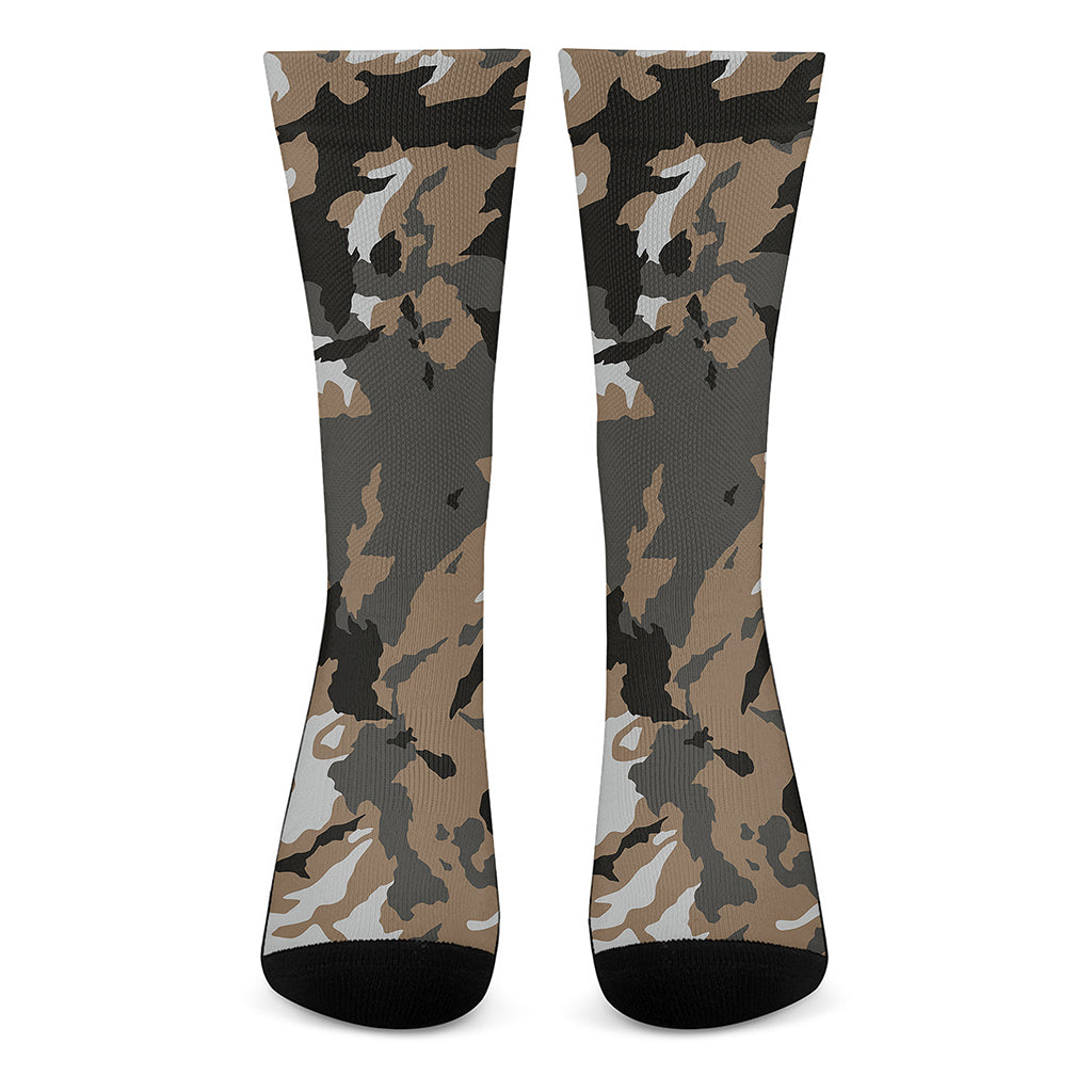 Brown And Black Camouflage Print Crew Socks