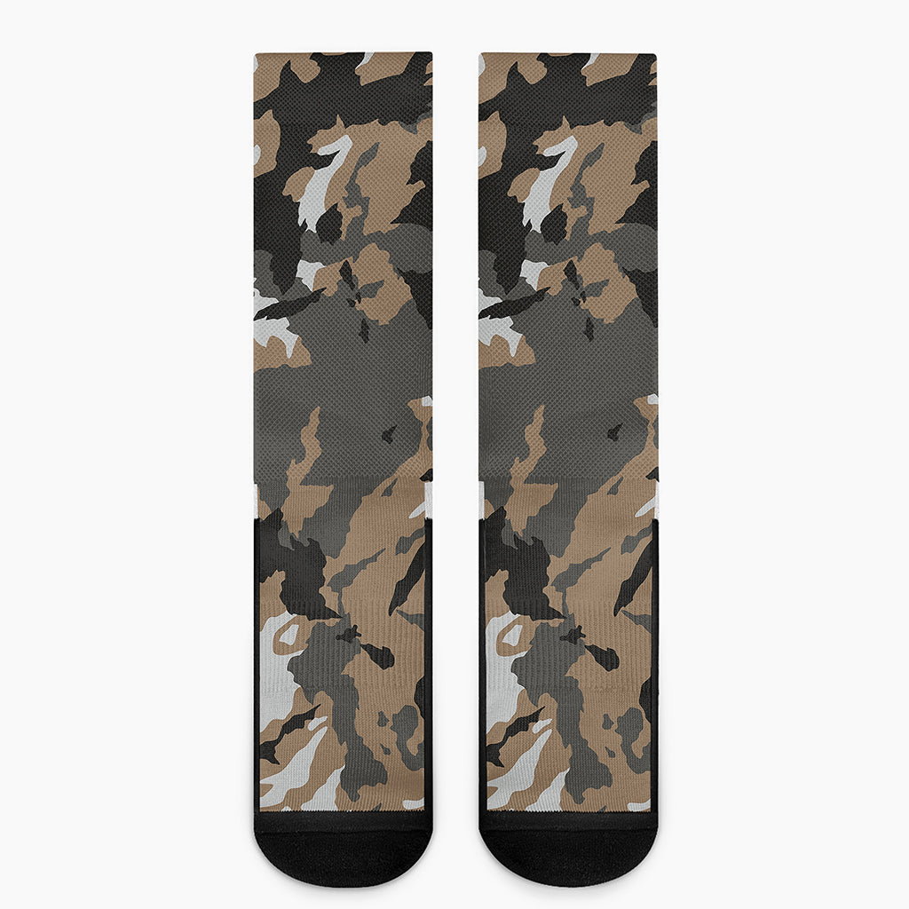 Brown And Black Camouflage Print Crew Socks