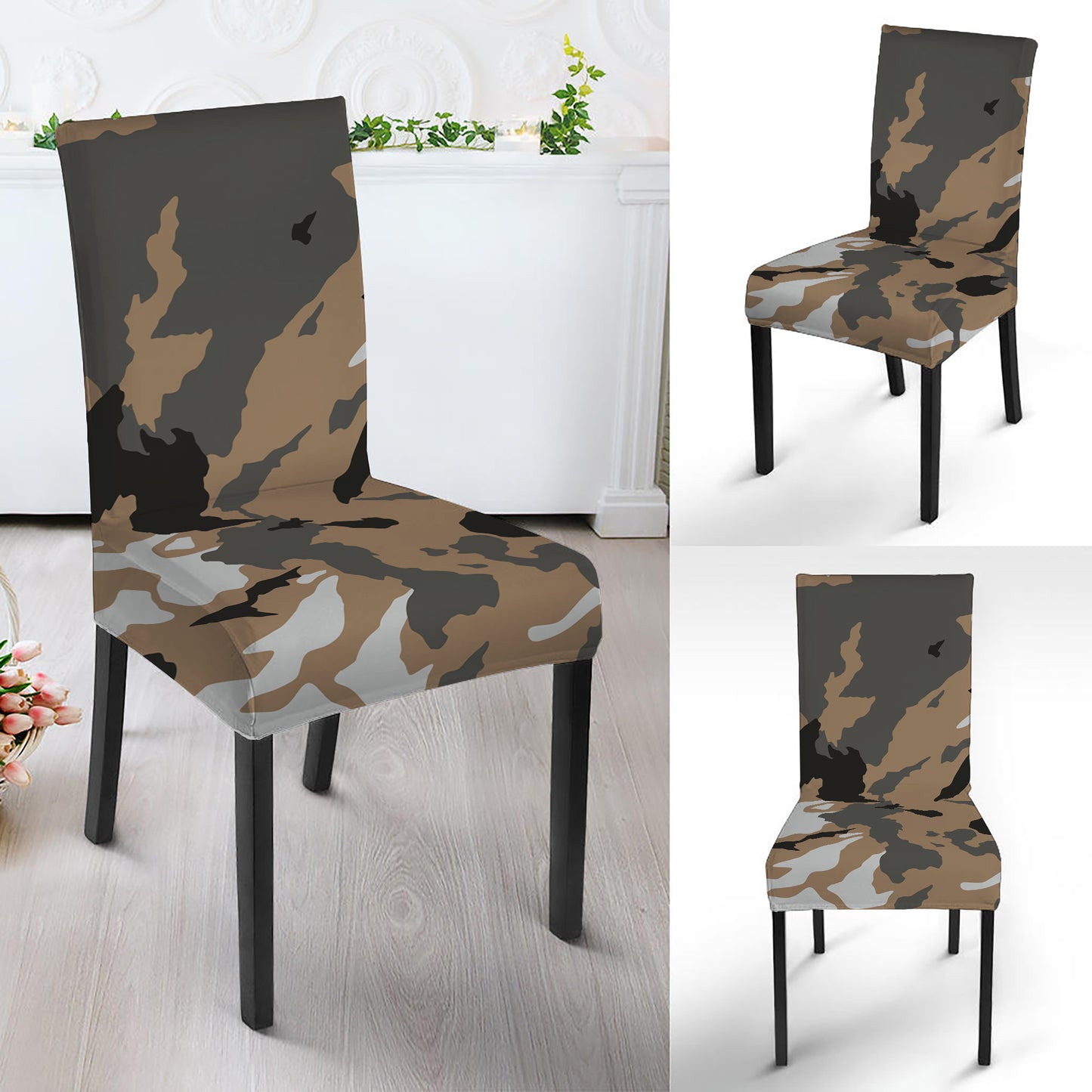 Brown And Black Camouflage Print Dining Chair Slipcover