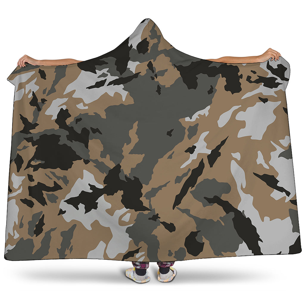 Brown And Black Camouflage Print Hooded Blanket