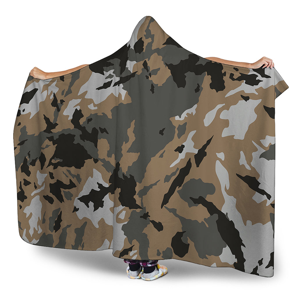 Brown And Black Camouflage Print Hooded Blanket