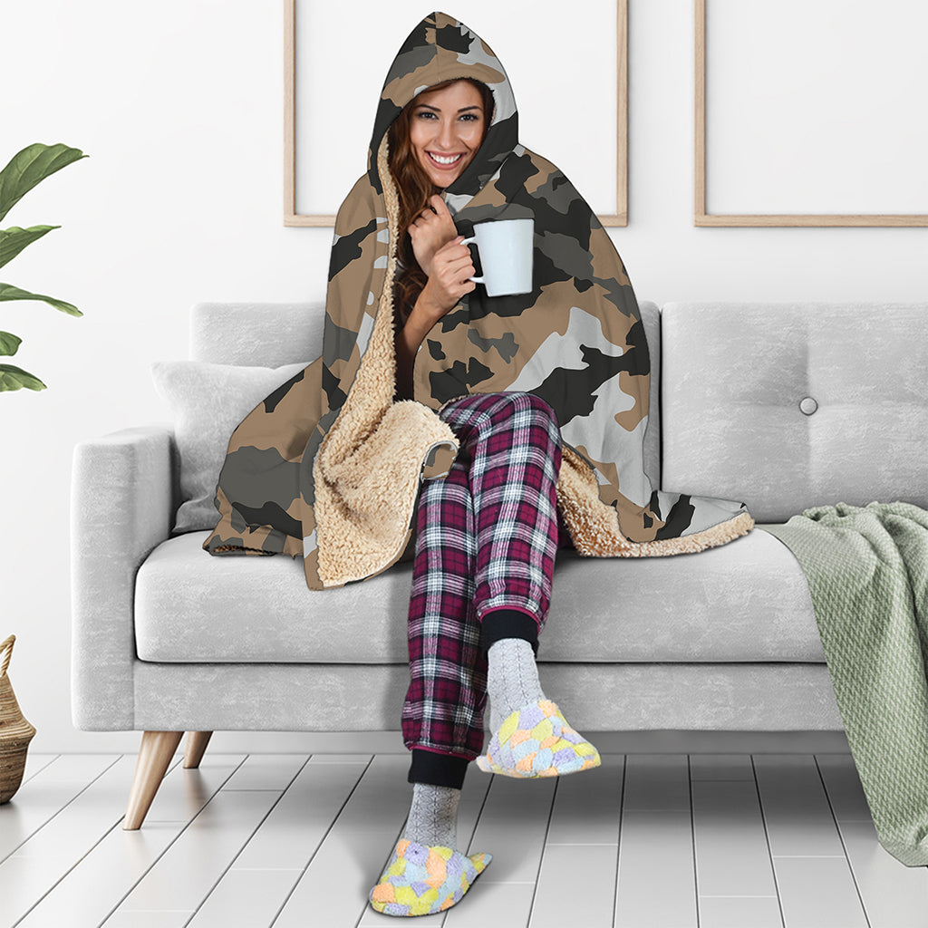 Brown And Black Camouflage Print Hooded Blanket