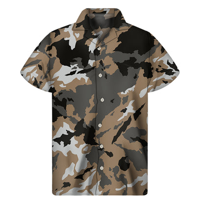 Brown And Black Camouflage Print Men's Short Sleeve Shirt