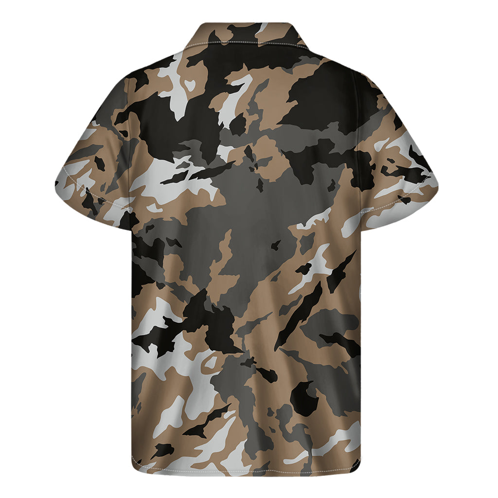 Brown And Black Camouflage Print Men's Short Sleeve Shirt