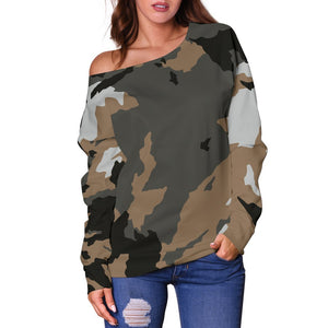 Brown And Black Camouflage Print Off Shoulder Sweatshirt GearFrost