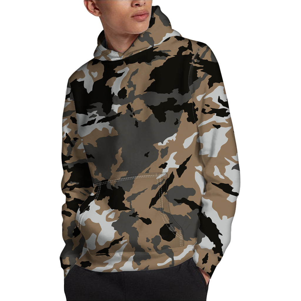 Brown And Black Camouflage Print Pullover Hoodie
