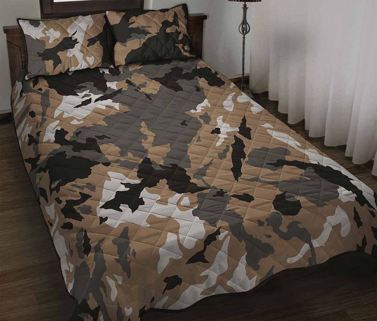 Brown And Black Camouflage Print Quilt Bed Set