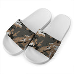 Brown And Black Camouflage Print White Slide Sandals