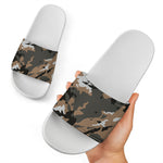 Brown And Black Camouflage Print White Slide Sandals