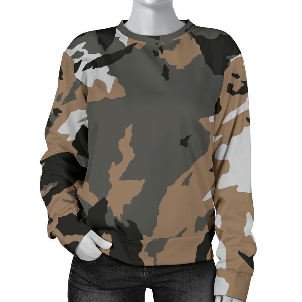 Brown And Black Camouflage Print Women's Crewneck Sweatshirt GearFrost