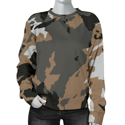 Brown And Black Camouflage Print Women's Crewneck Sweatshirt GearFrost