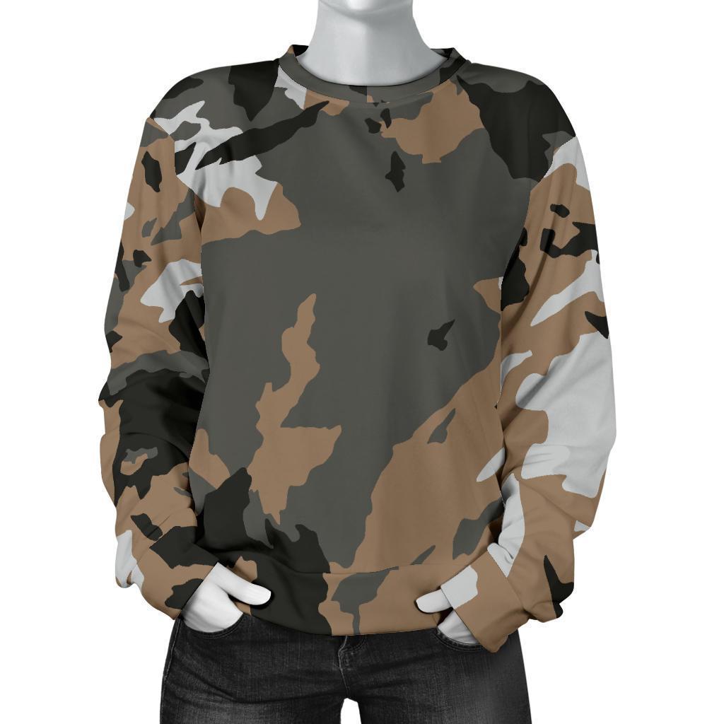 Brown And Black Camouflage Print Women's Crewneck Sweatshirt GearFrost