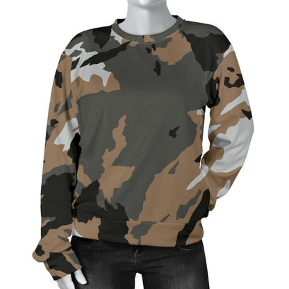 Brown And Black Camouflage Print Women's Crewneck Sweatshirt GearFrost