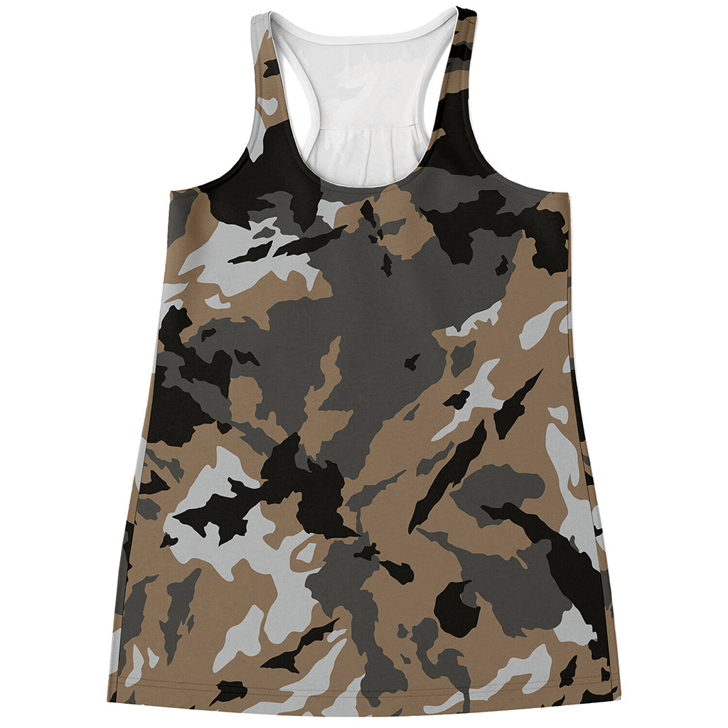 Brown And Black Camouflage Print Women's Racerback Tank Top