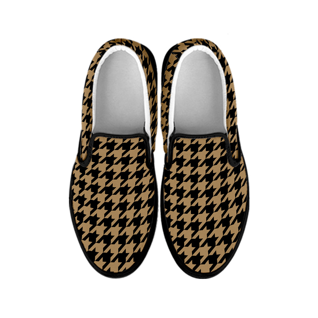 Brown And Black Houndstooth Print Black Slip On Shoes