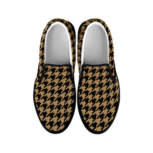 Brown And Black Houndstooth Print Black Slip On Shoes