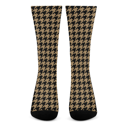 Brown And Black Houndstooth Print Crew Socks