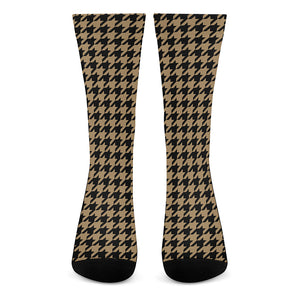 Brown And Black Houndstooth Print Crew Socks