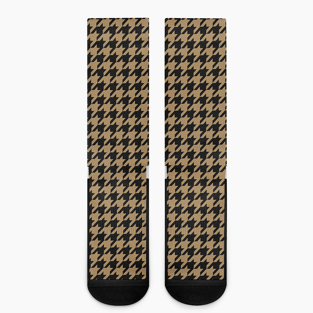 Brown And Black Houndstooth Print Crew Socks