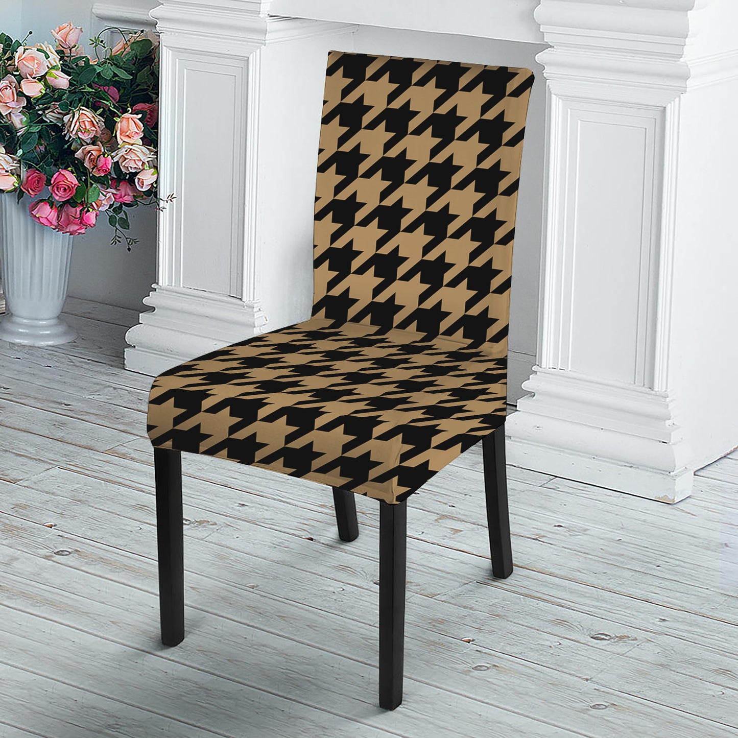 Brown And Black Houndstooth Print Dining Chair Slipcover