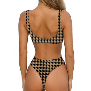 Brown And Black Houndstooth Print Front Bow Tie Bikini