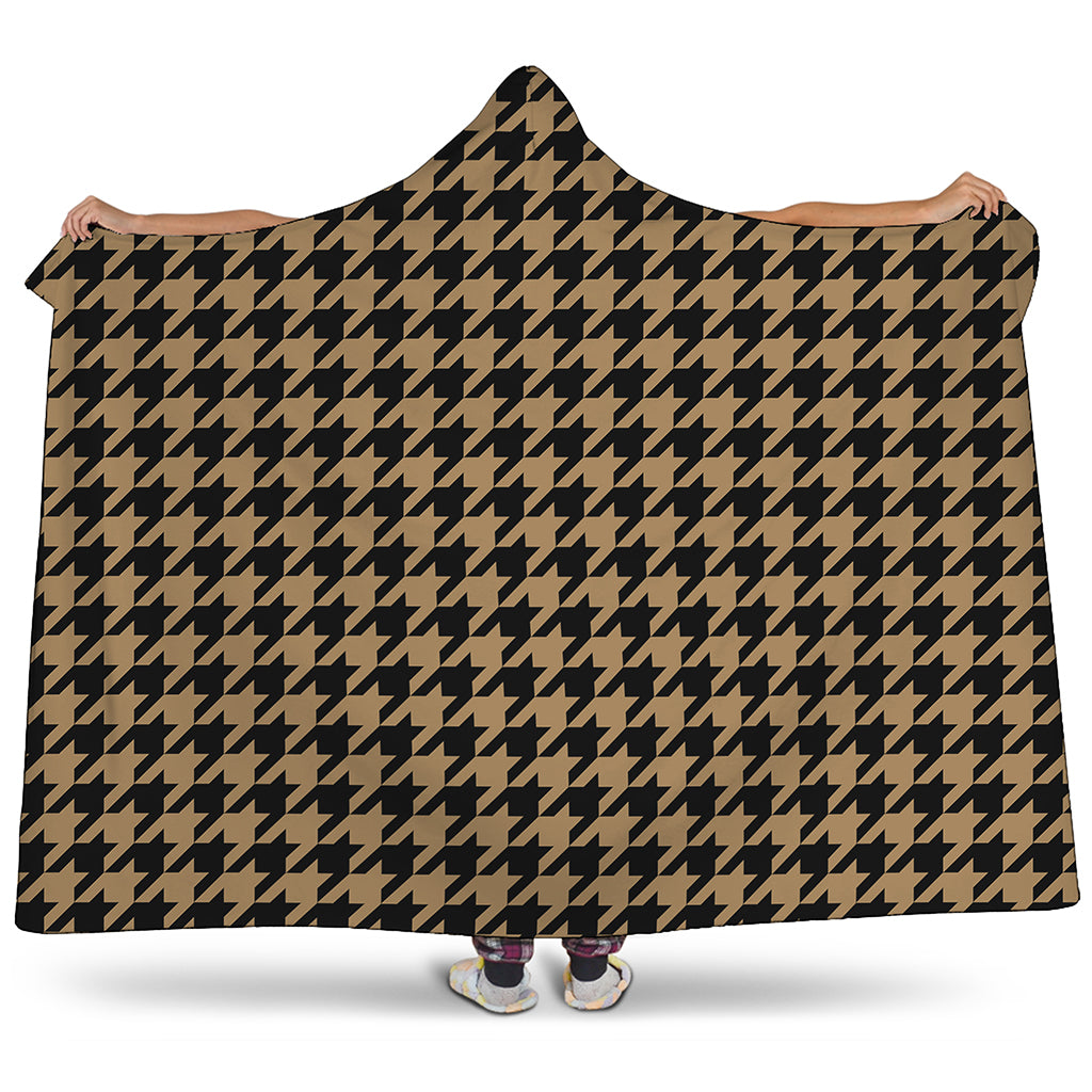 Brown And Black Houndstooth Print Hooded Blanket