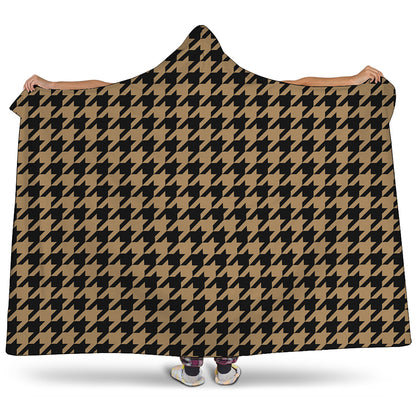 Brown And Black Houndstooth Print Hooded Blanket