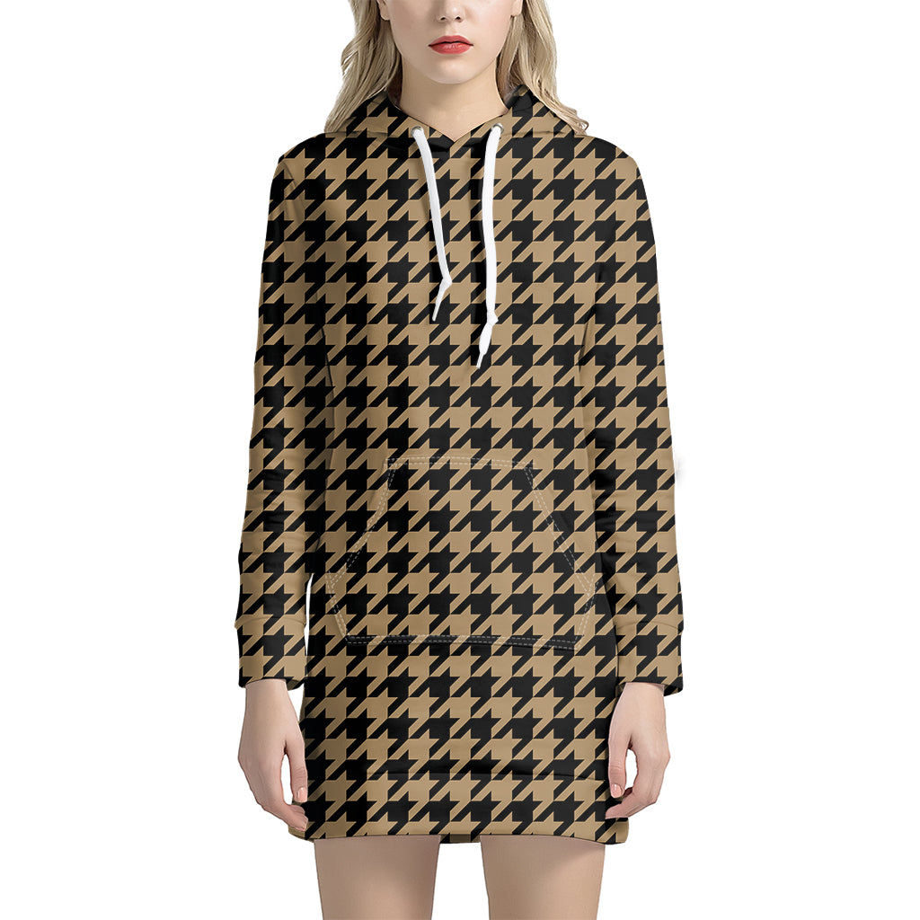 Brown And Black Houndstooth Print Hoodie Dress