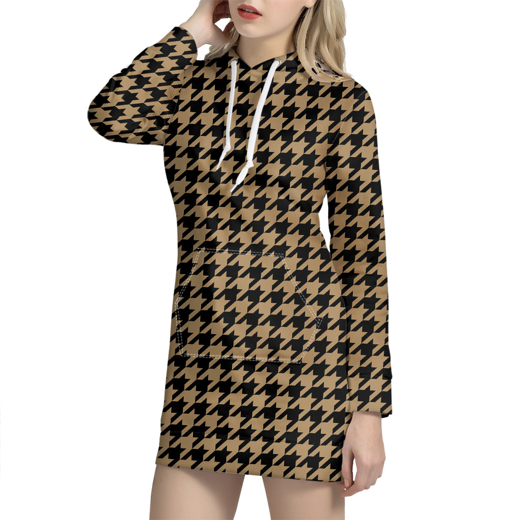 Brown And Black Houndstooth Print Hoodie Dress