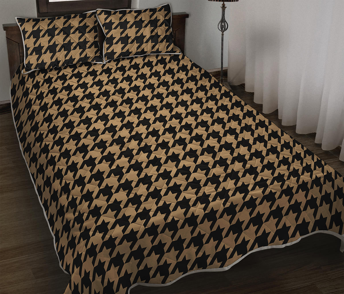Brown And Black Houndstooth Print Quilt Bed Set