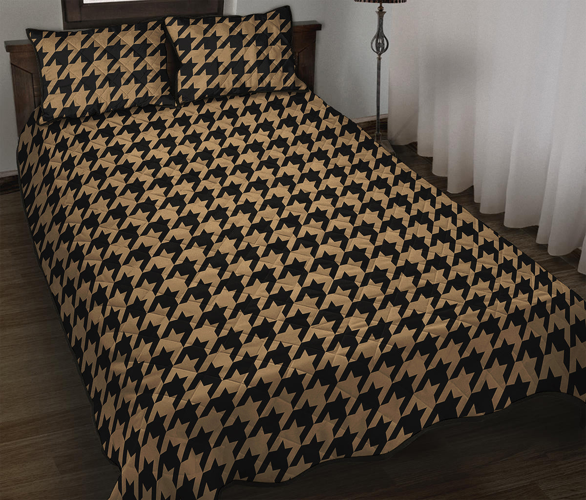 Brown And Black Houndstooth Print Quilt Bed Set