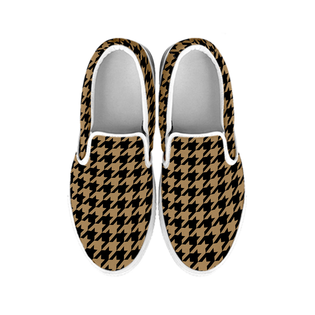 Brown And Black Houndstooth Print White Slip On Shoes