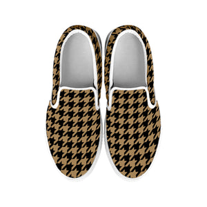 Brown And Black Houndstooth Print White Slip On Shoes