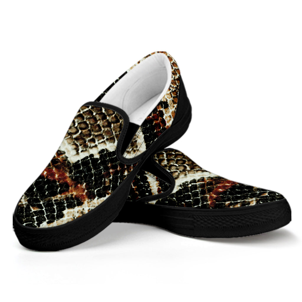 Brown And Black Snakeskin Print Black Slip On Shoes