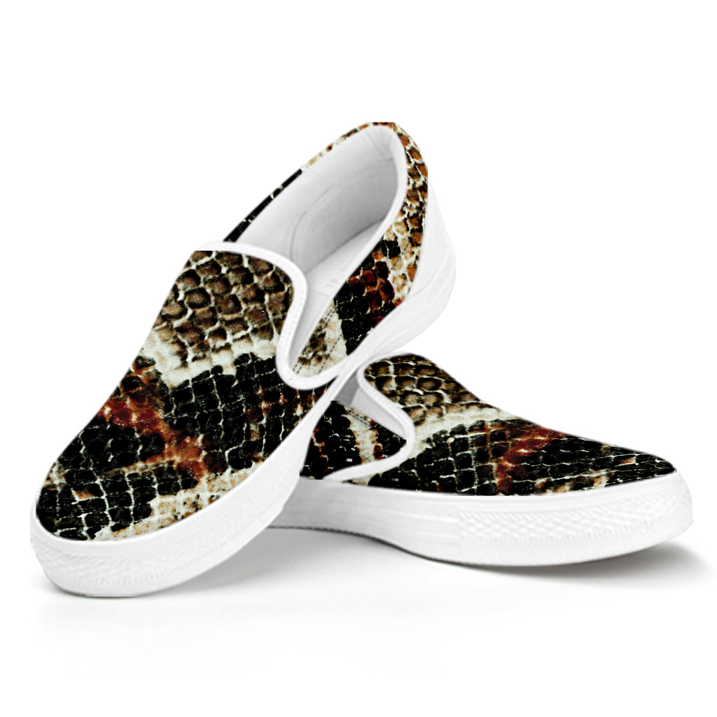 Brown And Black Snakeskin Print White Slip On Shoes