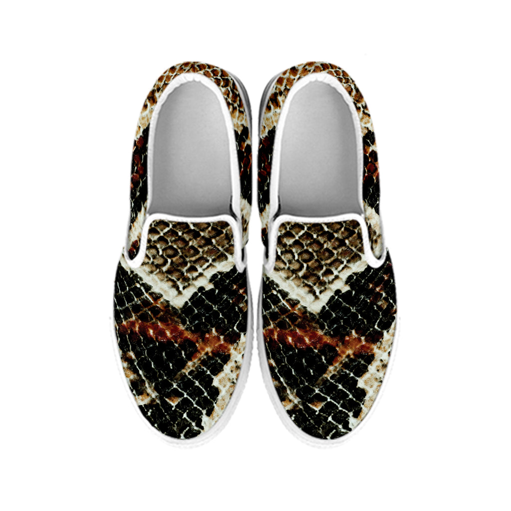 Brown And Black Snakeskin Print White Slip On Shoes