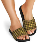 Brown And Tan Houndstooth Pattern Print Black Slide Sandals