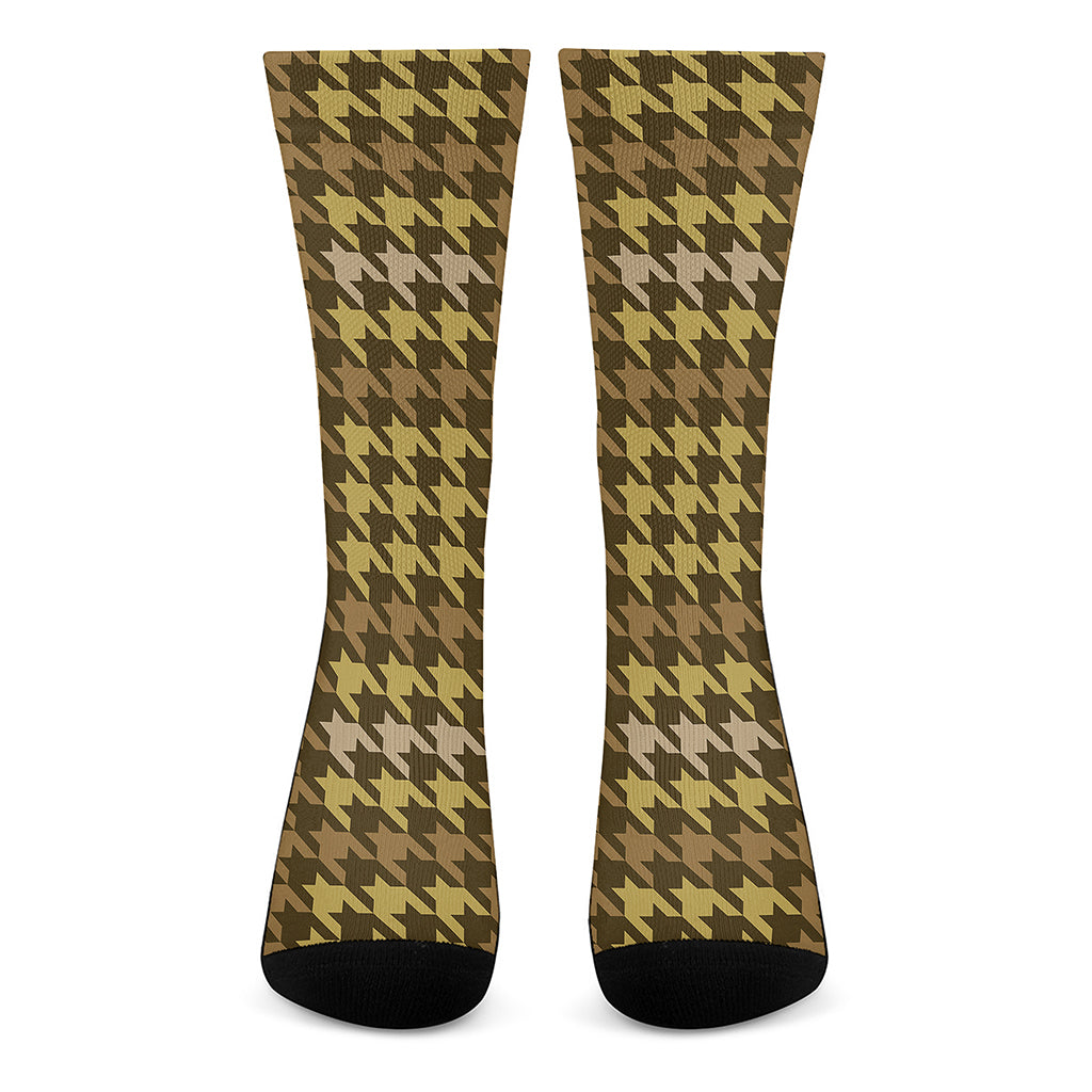 Brown And Tan Houndstooth Pattern Print Crew Socks