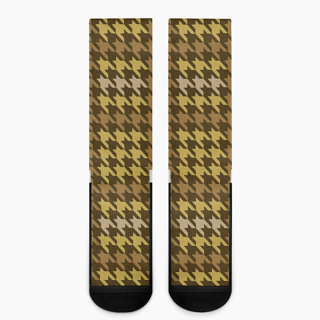 Brown And Tan Houndstooth Pattern Print Crew Socks