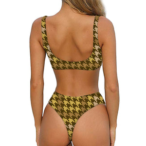 Brown And Tan Houndstooth Pattern Print Front Bow Tie Bikini