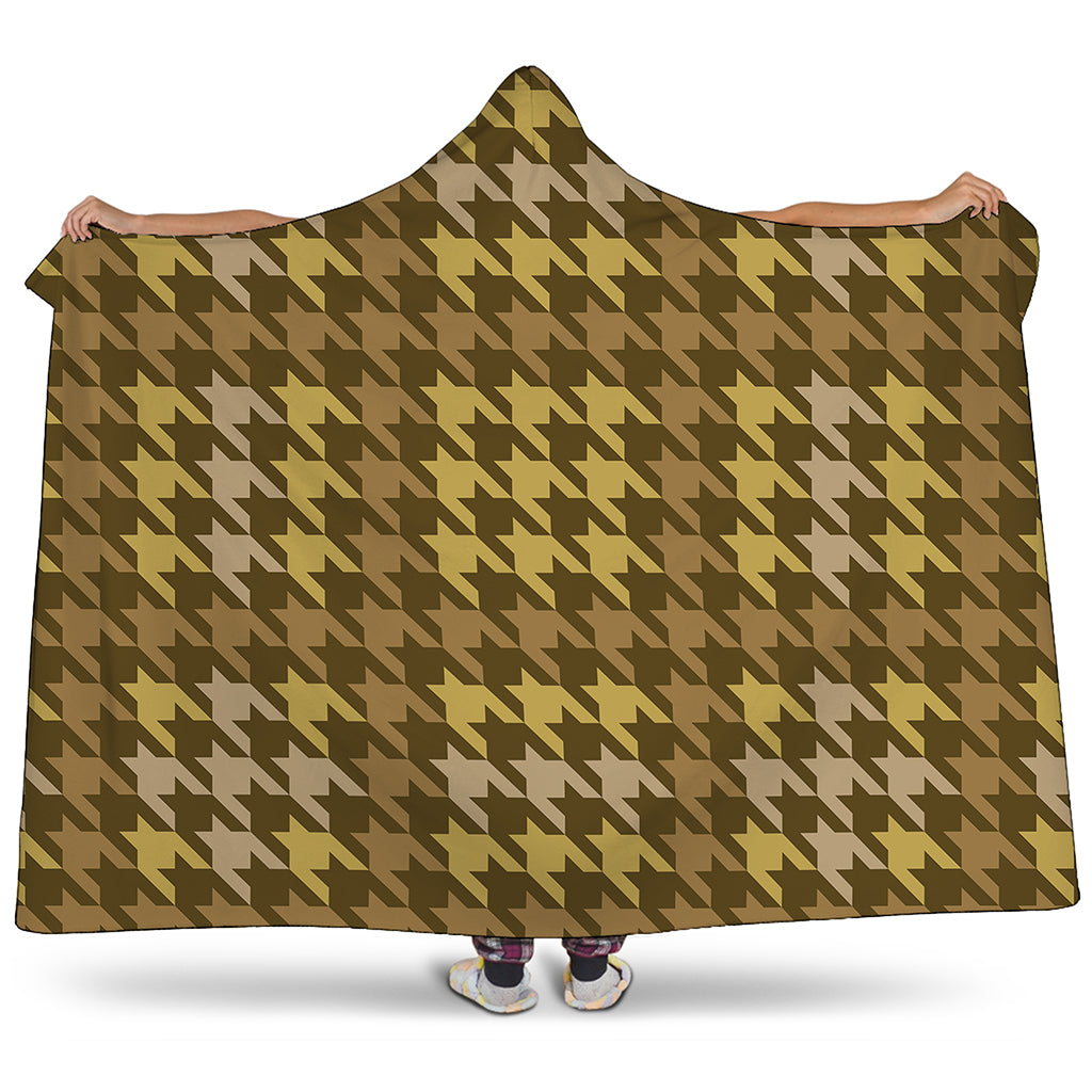 Brown And Tan Houndstooth Pattern Print Hooded Blanket