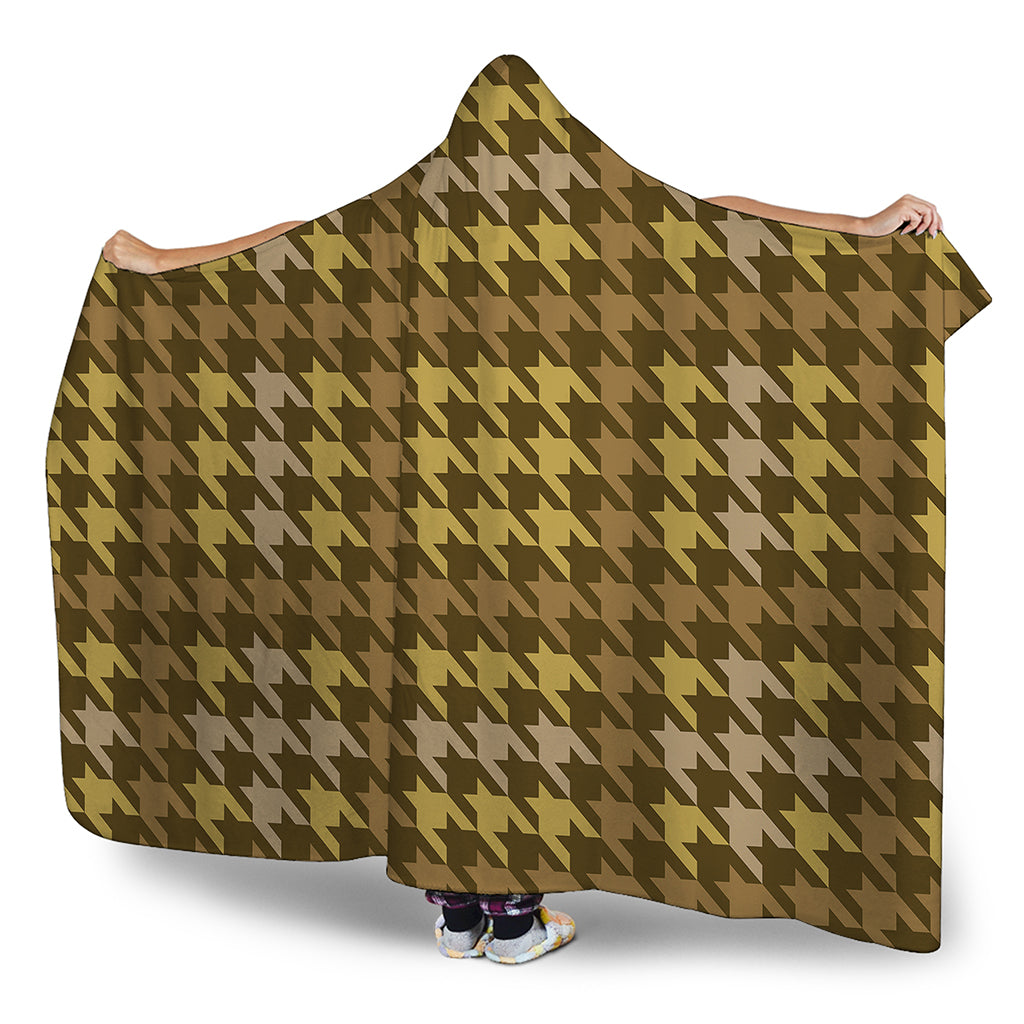 Brown And Tan Houndstooth Pattern Print Hooded Blanket