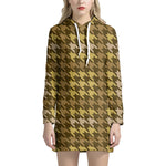 Brown And Tan Houndstooth Pattern Print Hoodie Dress